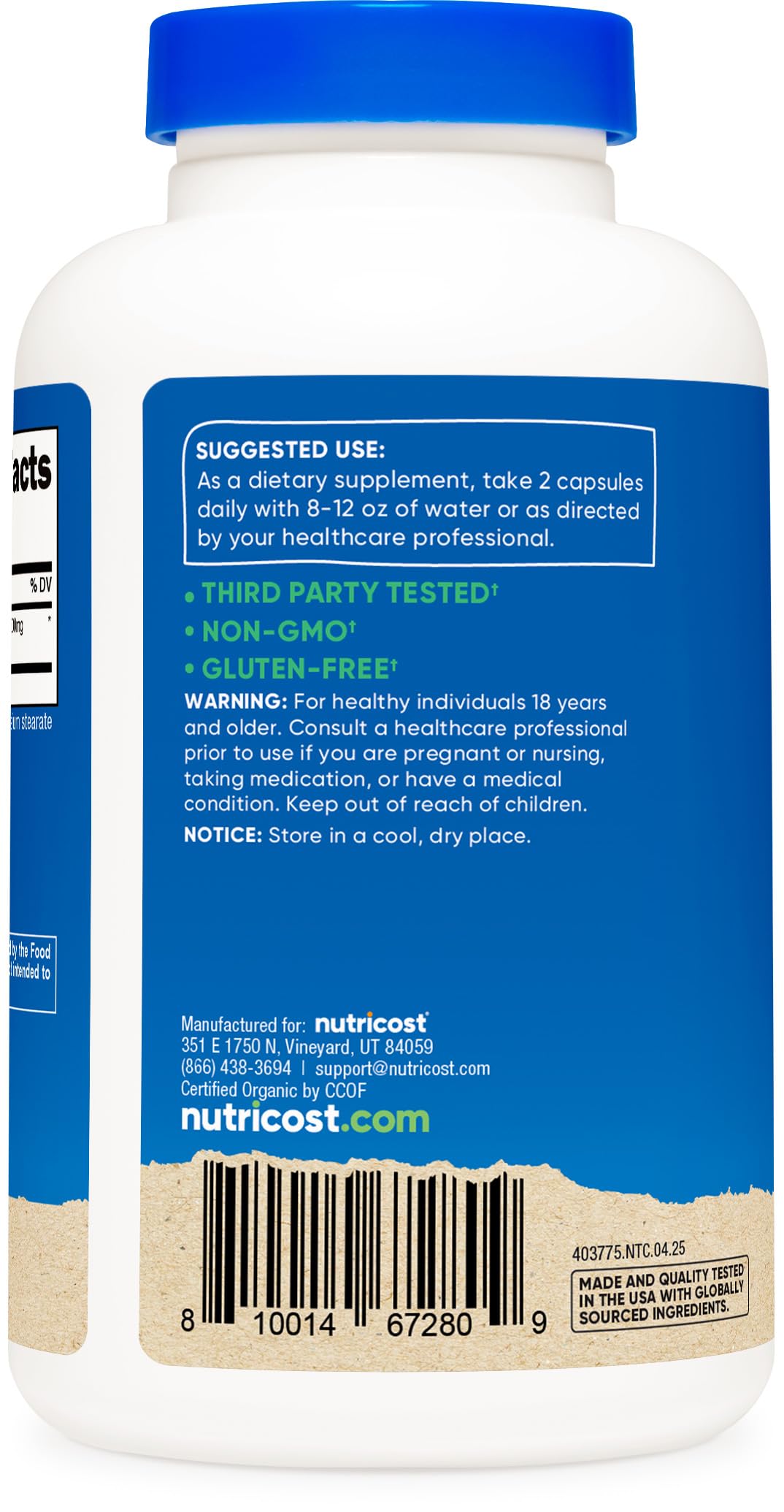 Flacon de Nutricost Noni Capsules sur fond blanc