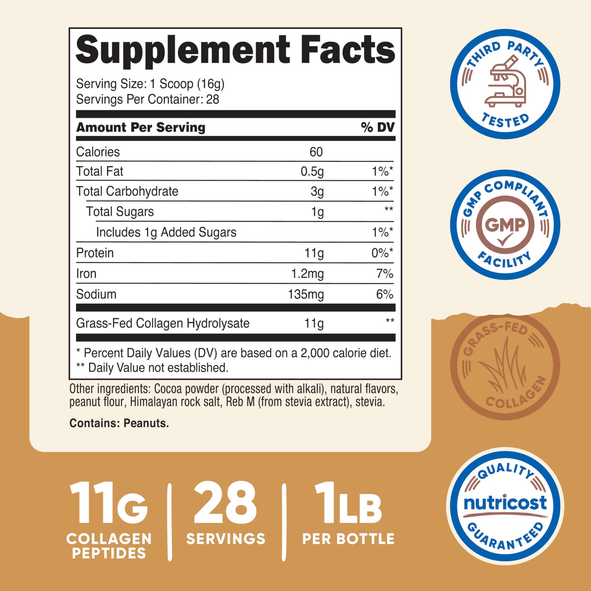 Flacon de Nutricost Peptides de Collagène 540g avec étiquette