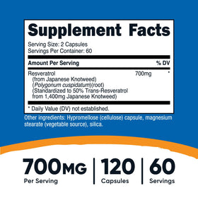 Flacon de Nutricost Resveratrol ouvert montrant les capsules