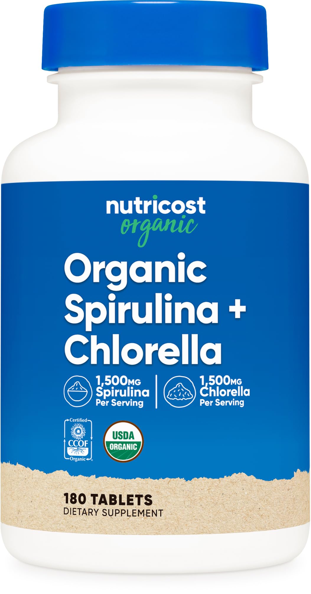 Flacon de Nutricost Spiruline et Chlorelle 180 comprimés