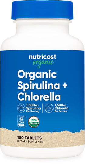 Flacon de Nutricost Spiruline et Chlorelle 180 comprimés