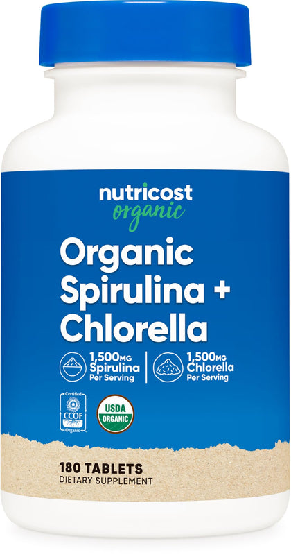 Flacon de Nutricost Spiruline et Chlorelle 180 comprimés