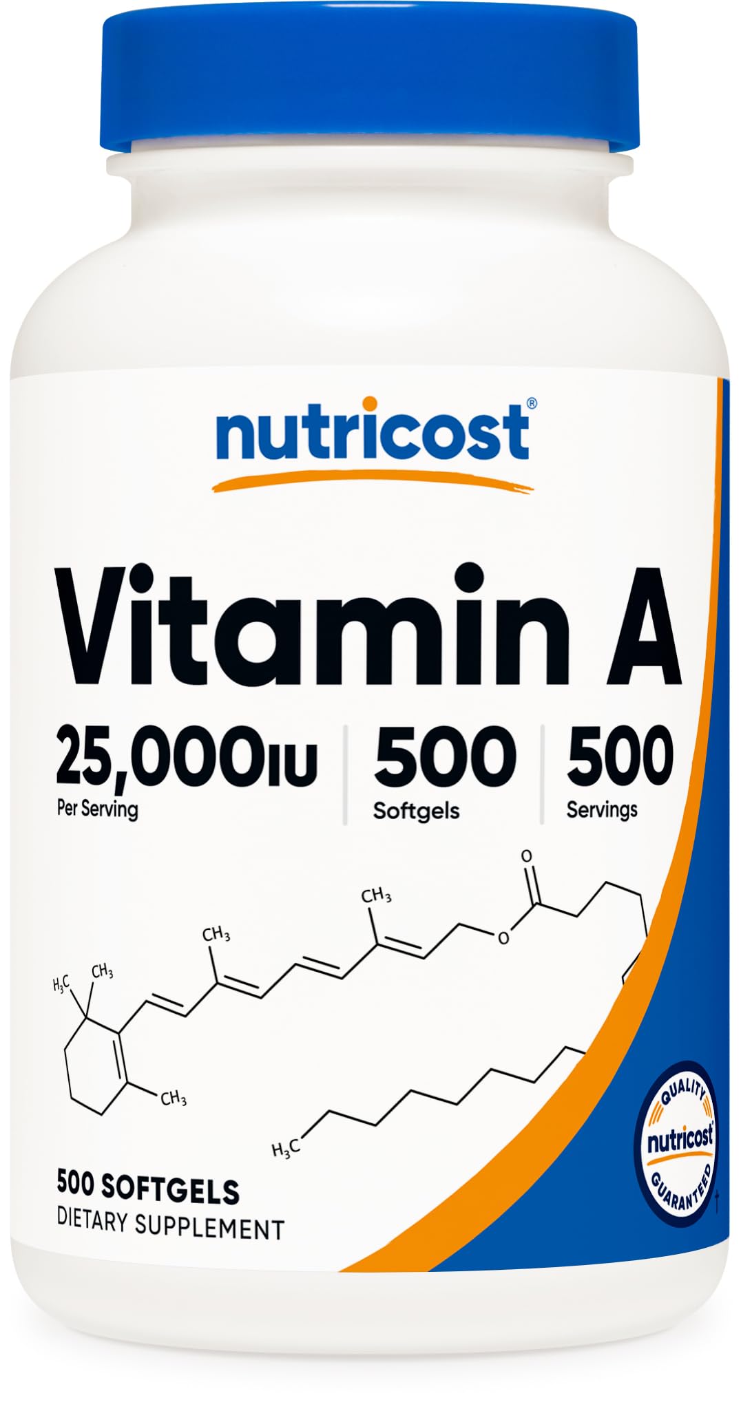 Flacon de Nutricost Vitamine A 25000 IU avec 500 gélules softgels