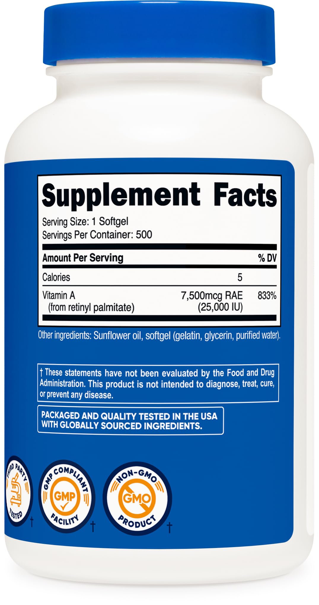 Flacon de Nutricost Vitamine A 25000 IU ouvert avec gélules