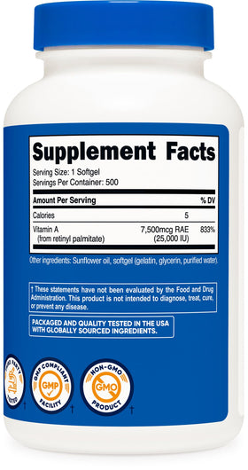 Flacon de Nutricost Vitamine A 25000 IU ouvert avec gélules