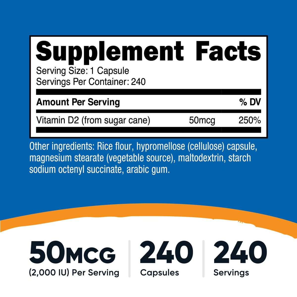 Flacon de Nutricost Vitamine D2 240 Capsules avec étiquette