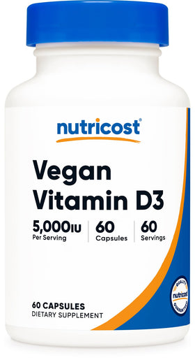 Flacon de Nutricost Vitamine D3 Vegan 5000 UI 60 capsules vue de face