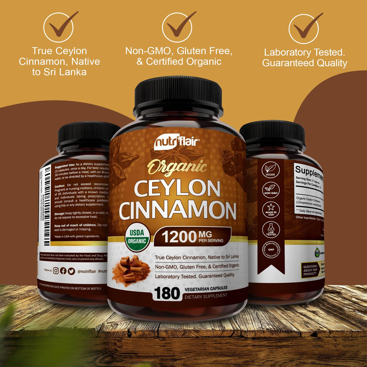 Flacon de NutriFlair Ceylon Cinnamon Bio avec gélules visibles