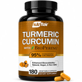 Flacon de NutriFlair Curcuma Curcumin 1300mg avec 180 capsules