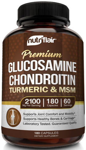 Flacon de NutriFlair Glucosamine Chondroïtine 180 capsules vue de face
