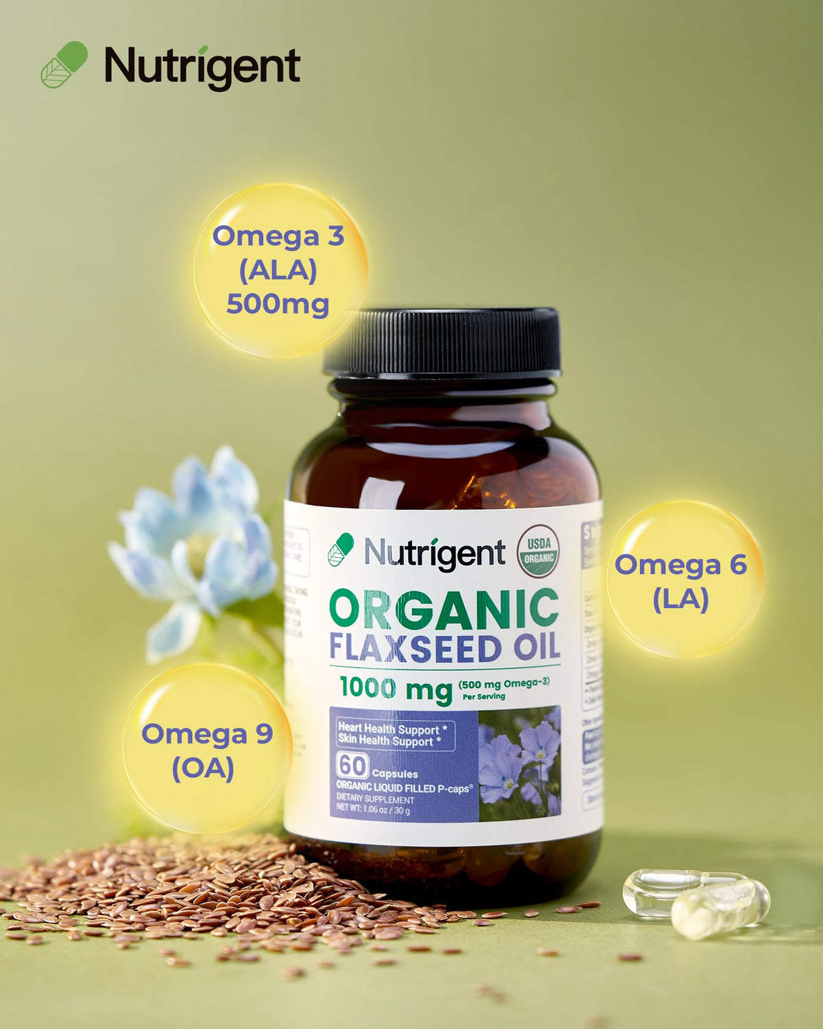 Flacon de Nutrigent Huile de Lin Bio 1000mg avec capsules visibles