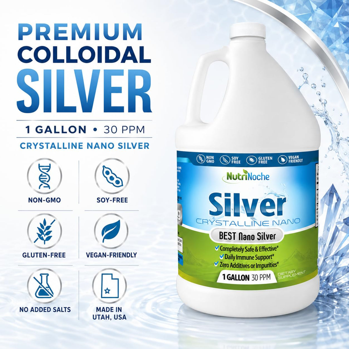 Flacon de NutriNoche argent colloïdal sur une surface en bois