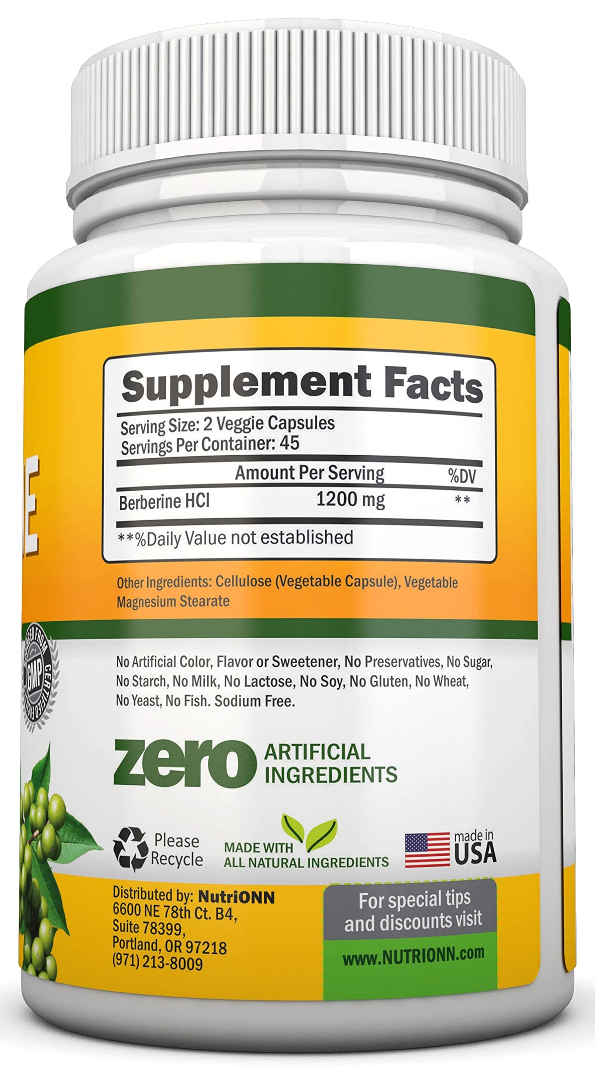 Flacon de NutriONN Berberine avec étiquette détaillée