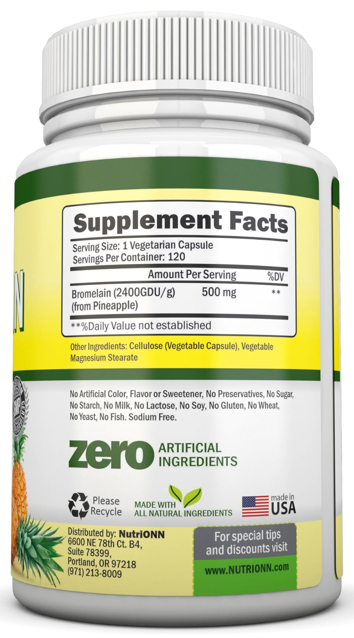 Flacon de NutriONN Bromélaïne 500mg avec étiquette visible