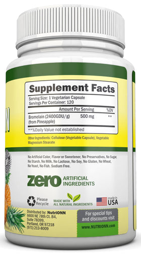 Flacon de NutriONN Bromélaïne 500mg avec étiquette visible