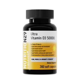 Flacon de NUTRITION29 Vitamine D3 5000 IU avec 360 gélules molles
