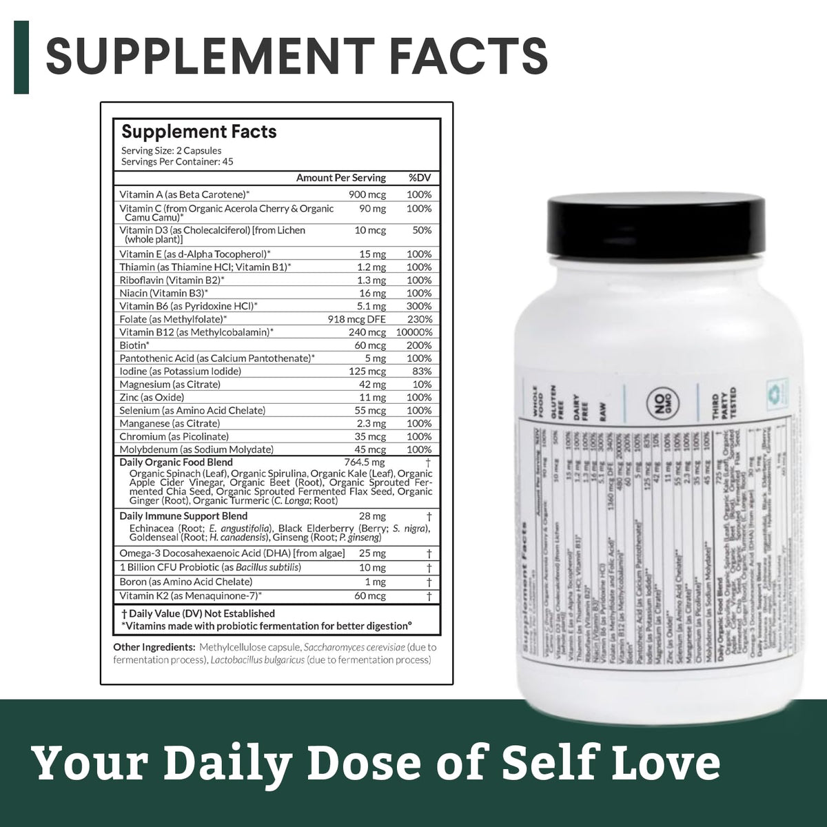 Flacon de Nutritional Roots Multivitamine Végétale sur fond naturel