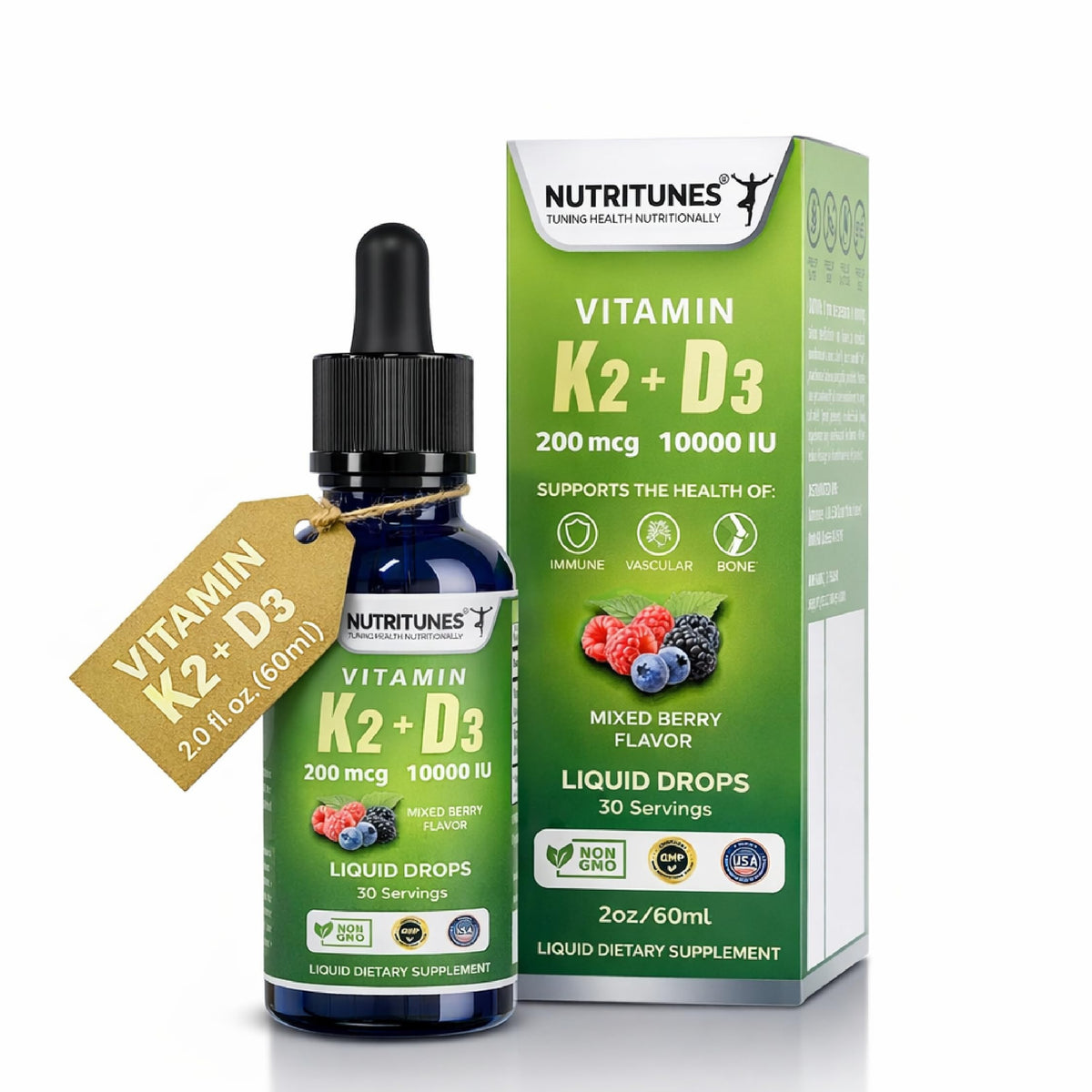 Flacon de Nutritunes K2 D3 60 mL vue avant avec étiquette fruits rouges