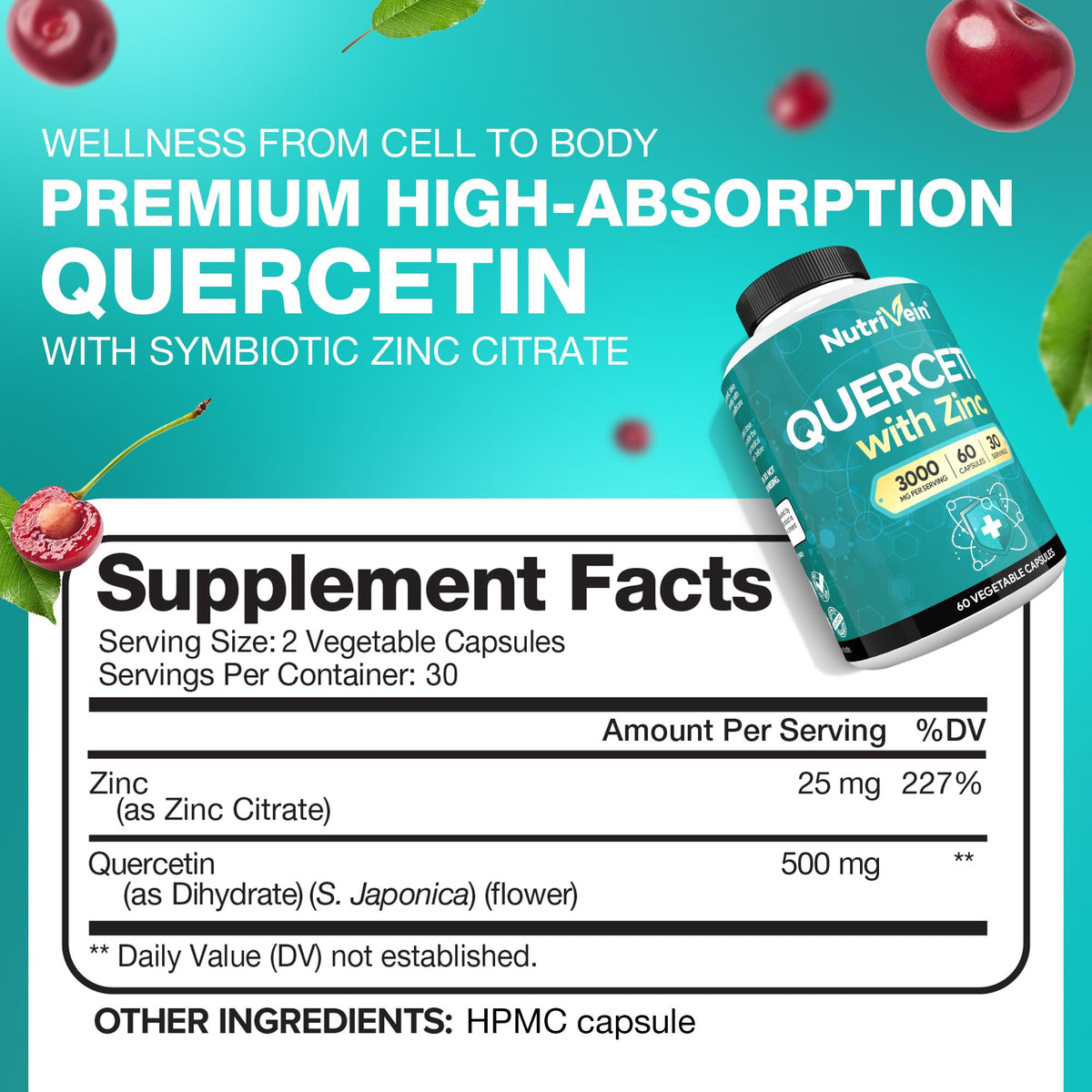 Flacon de Nutrivein Quercetine avec Zinc, étiquette visible