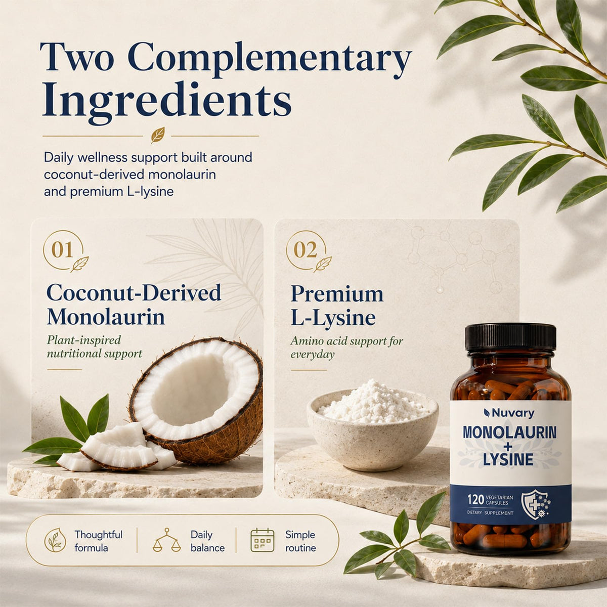 Flacon de Nuvary monolaurine et lysine avec capsules à côté