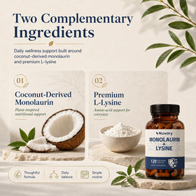 Flacon de Nuvary monolaurine et lysine avec capsules à côté