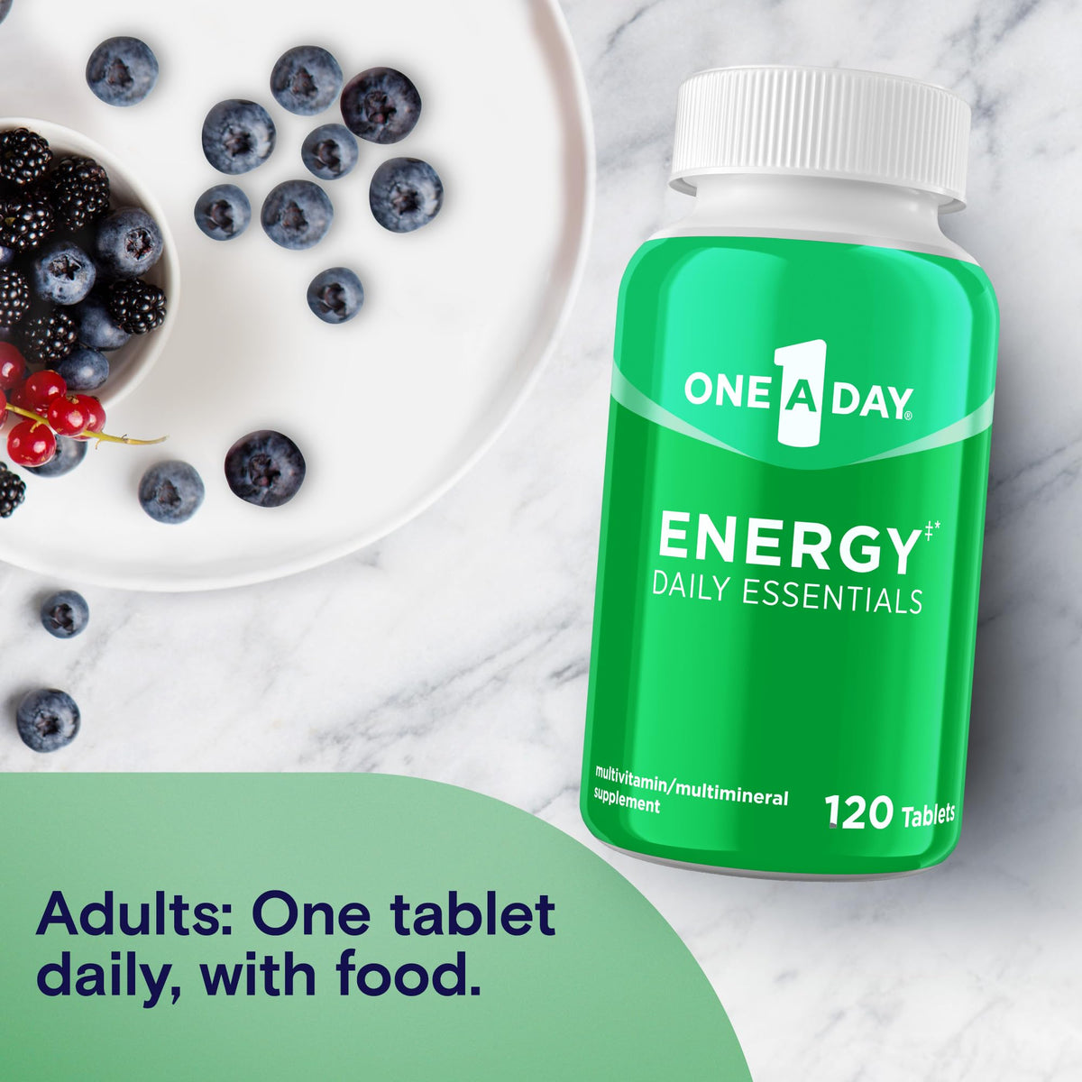 Flacon de ONE A DAY Multivitamine Énergie avec une assiette de nourriture