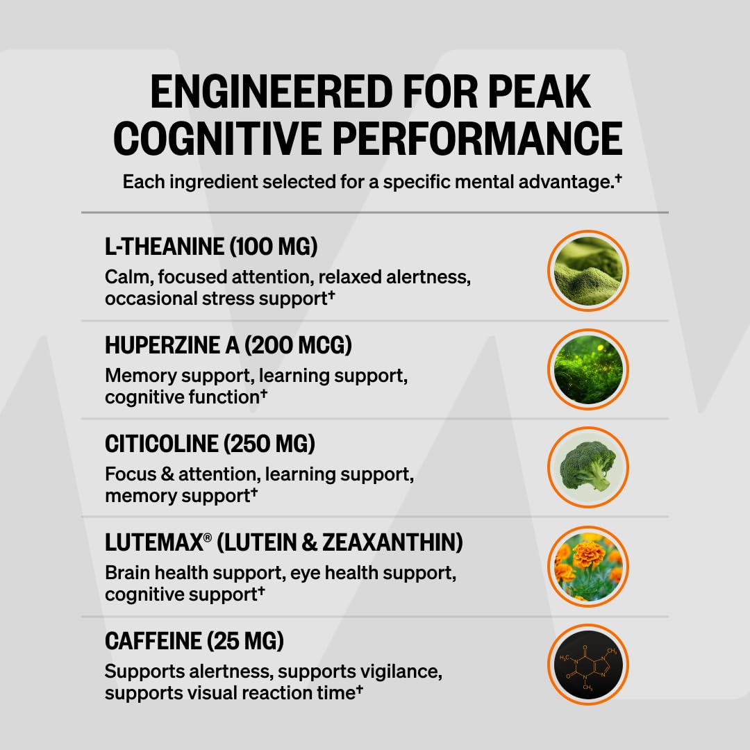 Flacon de ONNIT Alpha BRAIN Black Label ouvert avec des comprimés à l'intérieur