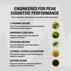Flacon de ONNIT Alpha BRAIN Black Label ouvert avec des comprimés à l'intérieur