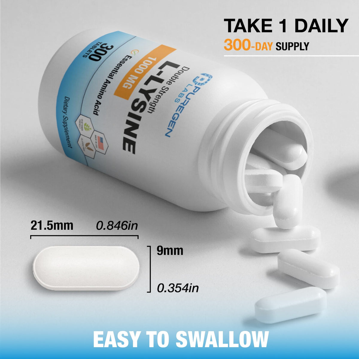 Flacon de P Puregen Labs L-Lysine 1000 MG avec étiquette visible