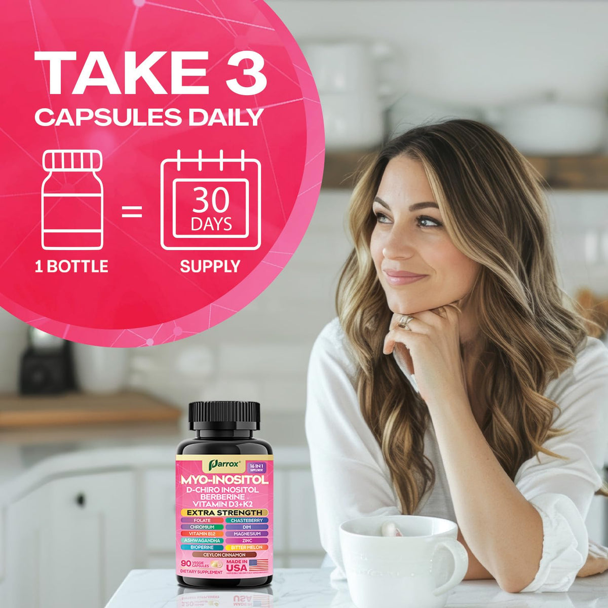 Flacon de Parrox Myo-Inositol 14 en 1 avec capsules ouvertes