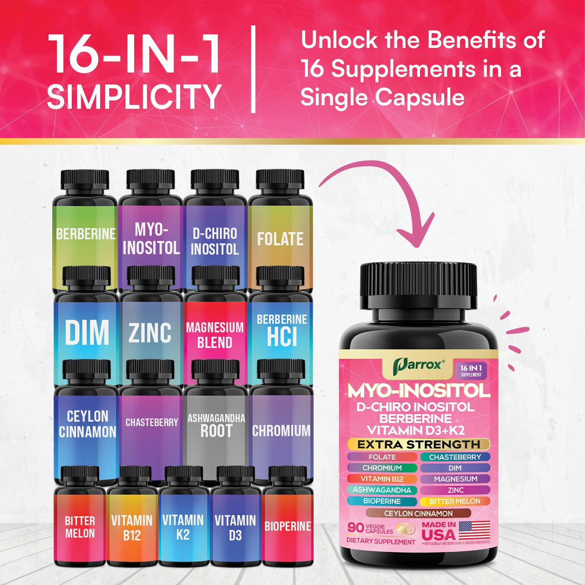 Flacon de Parrox Myo-Inositol avec étiquette visible