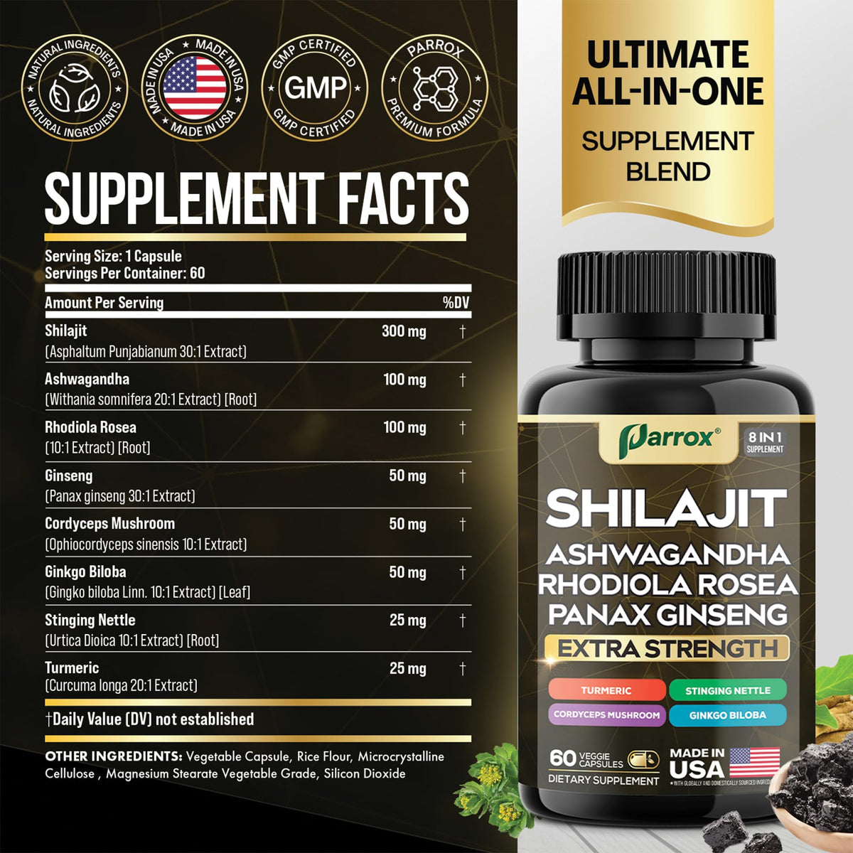 Flacon de Parrox Shilajit 8-en-1 avec capsules