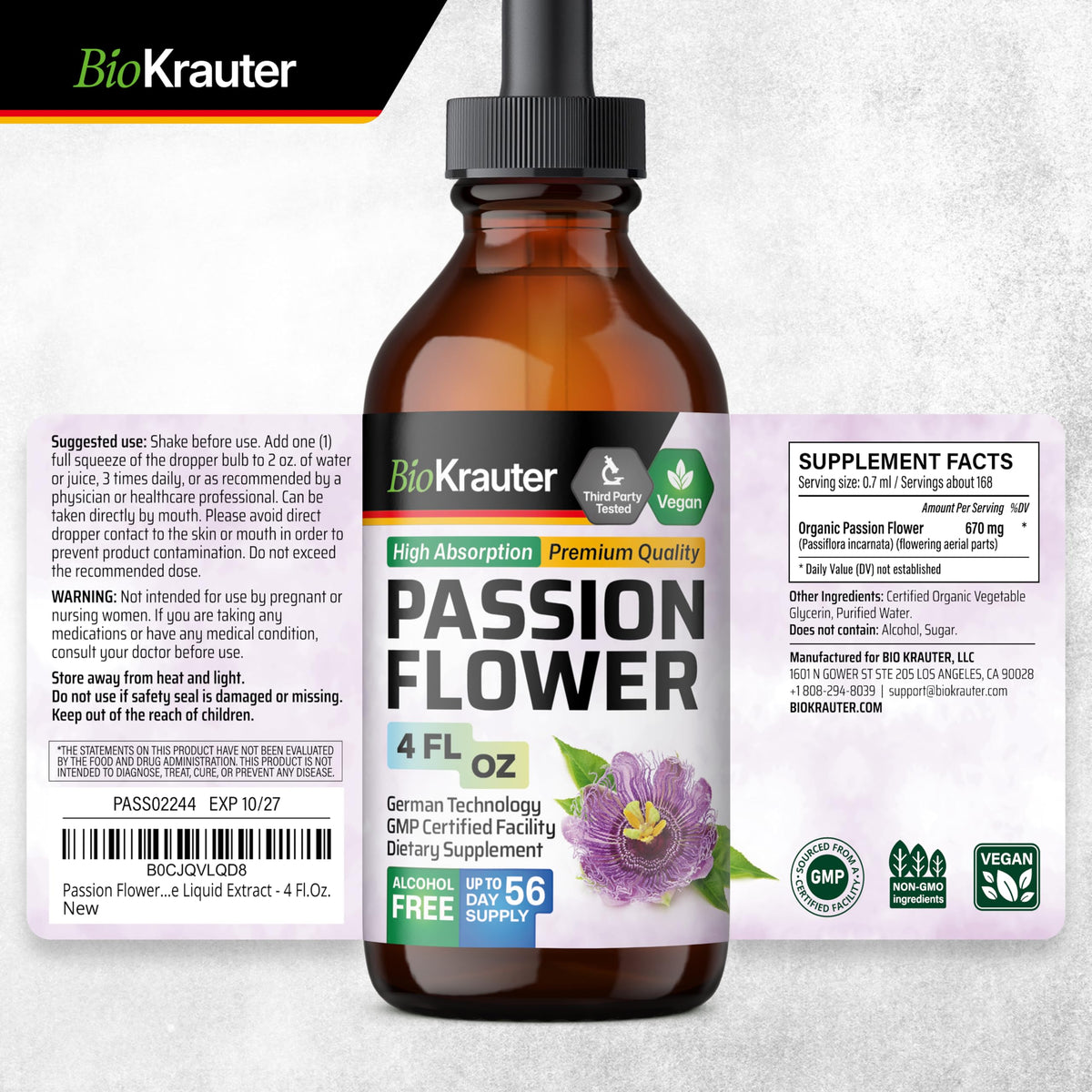 Flacon de passiflore BIO KRAUTER avec des ingrédients naturels en arrière-plan
