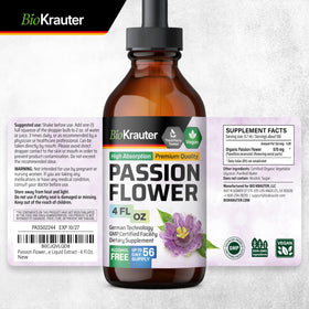 Flacon de passiflore BIO KRAUTER avec des ingrédients naturels en arrière-plan
