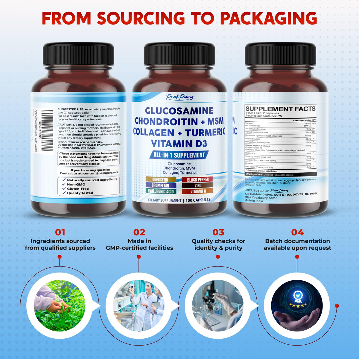 Flacon de PEAKPURY Glucosamine avec des gélules à côté