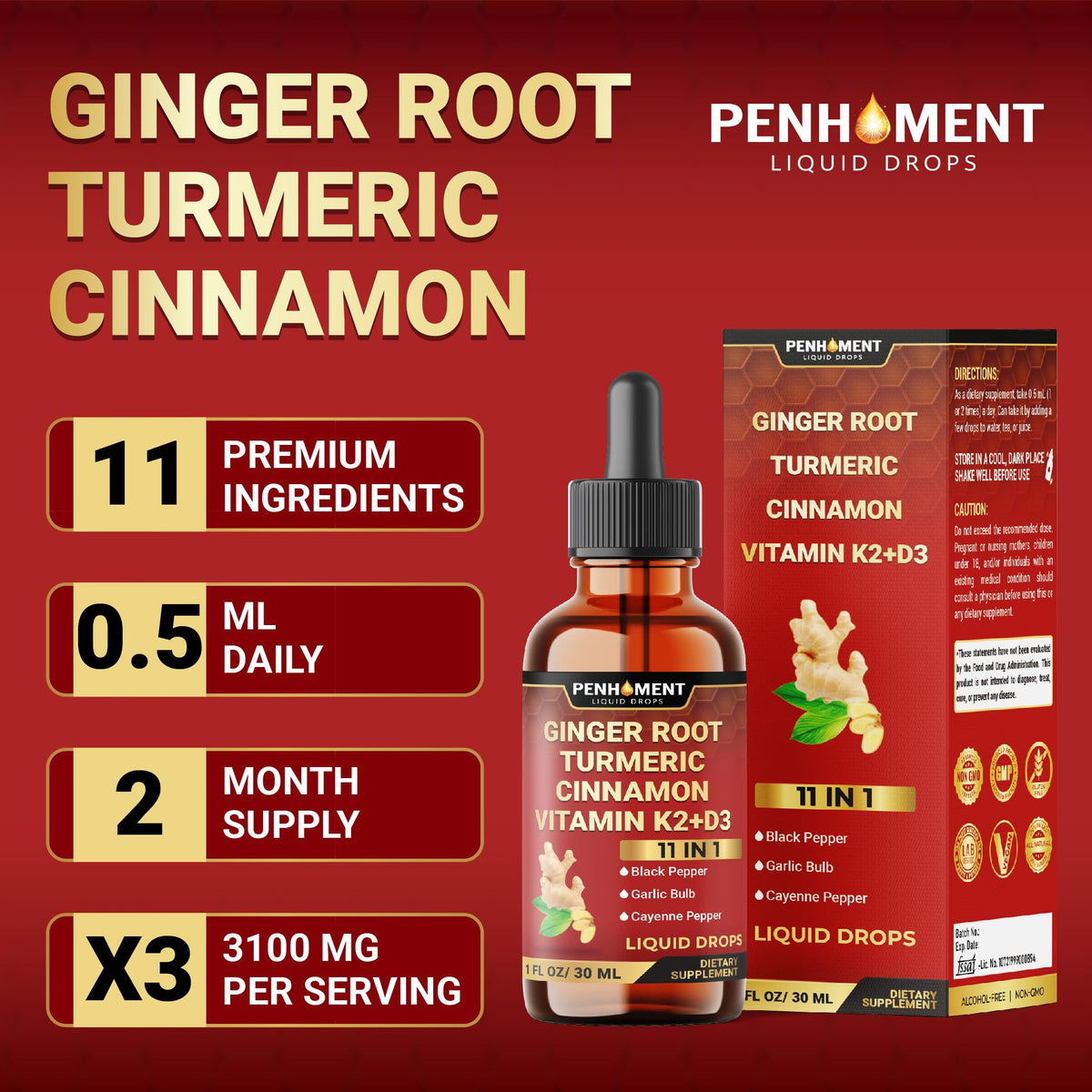 Flacon de Penhoment Extrait Liquide de Gingembre 11 en 1 avec arrière-plan de fruits