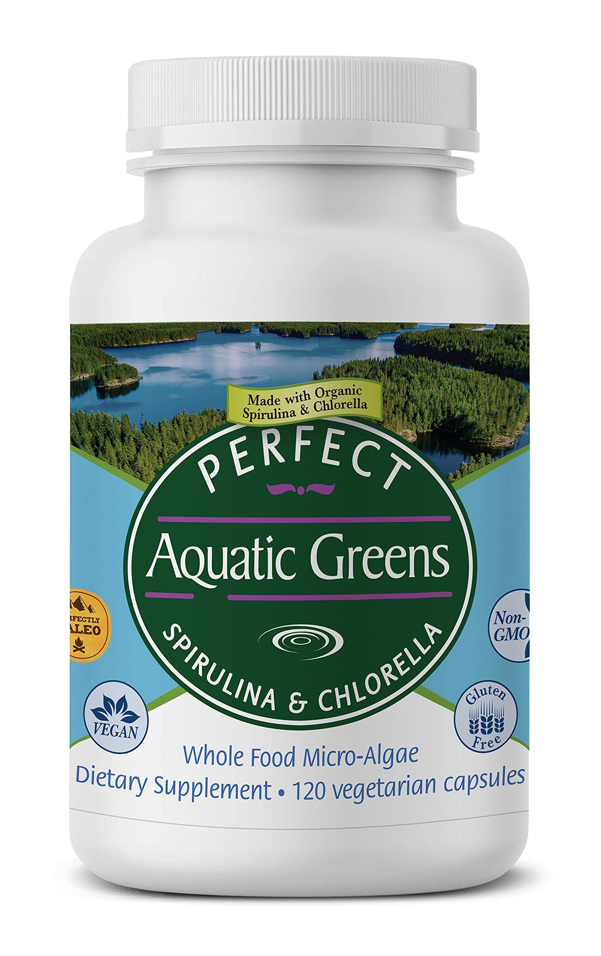 Flacon de Perfect Supplements Aquatic Greens 120 capsules vue de face