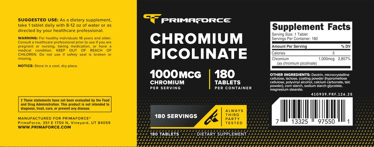 Flacon de Picolinate de Chrome Primaforce avec des comprimés visibles