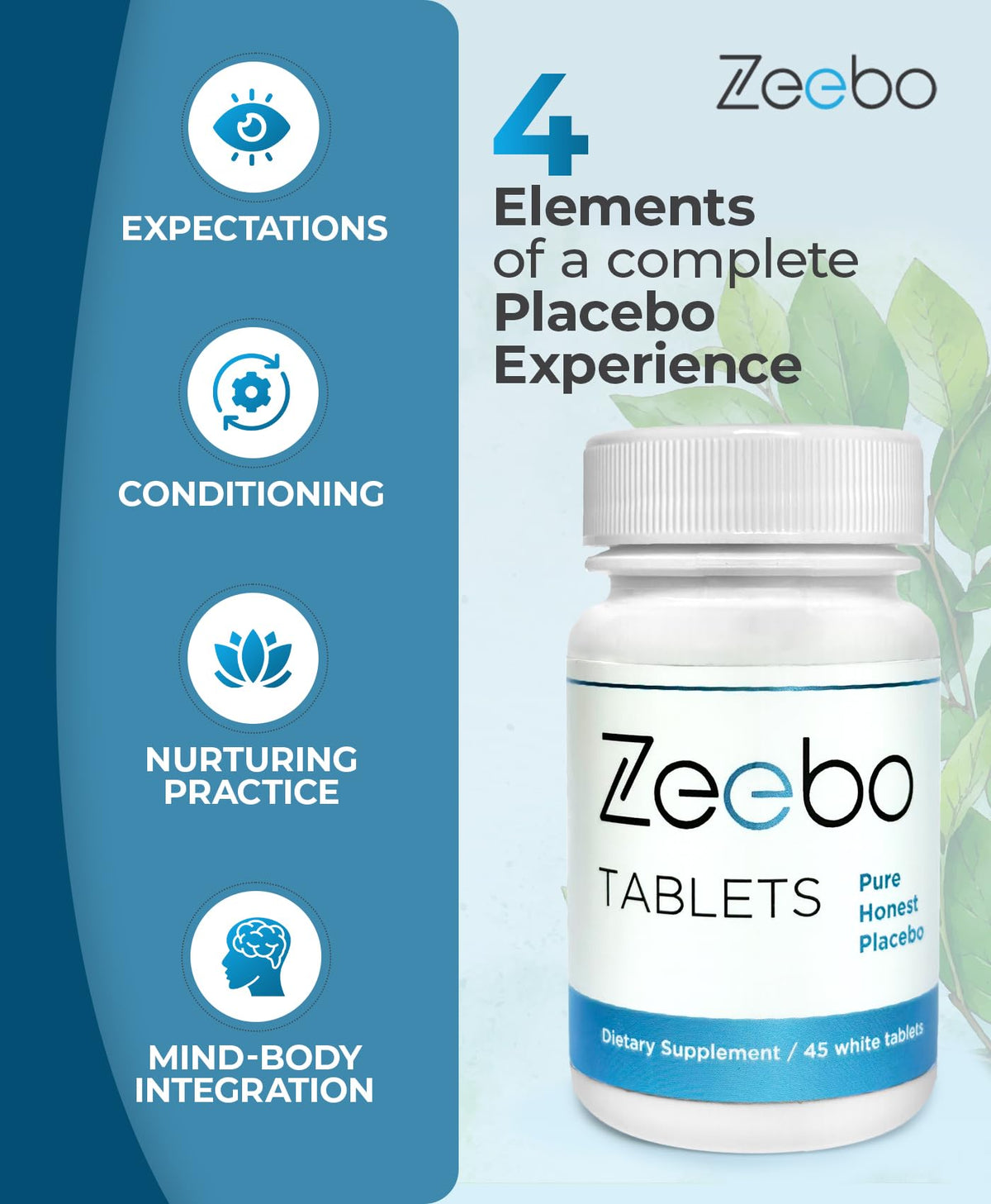Flacon de pilules placebo Zeebo avec tablettes blanches