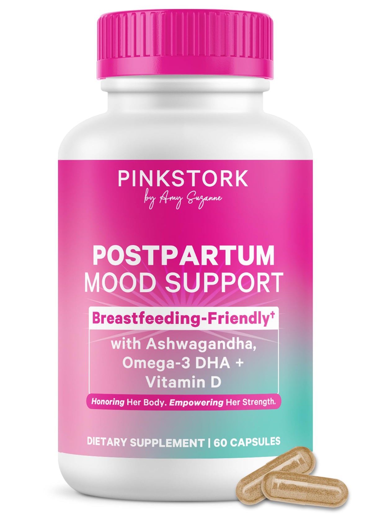 Flacon de Pink Stork Complément Alimentaire Postpartum Mood Support 60 Capsules