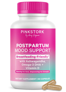 Flacon de Pink Stork Complément Alimentaire Postpartum Mood Support 60 Capsules