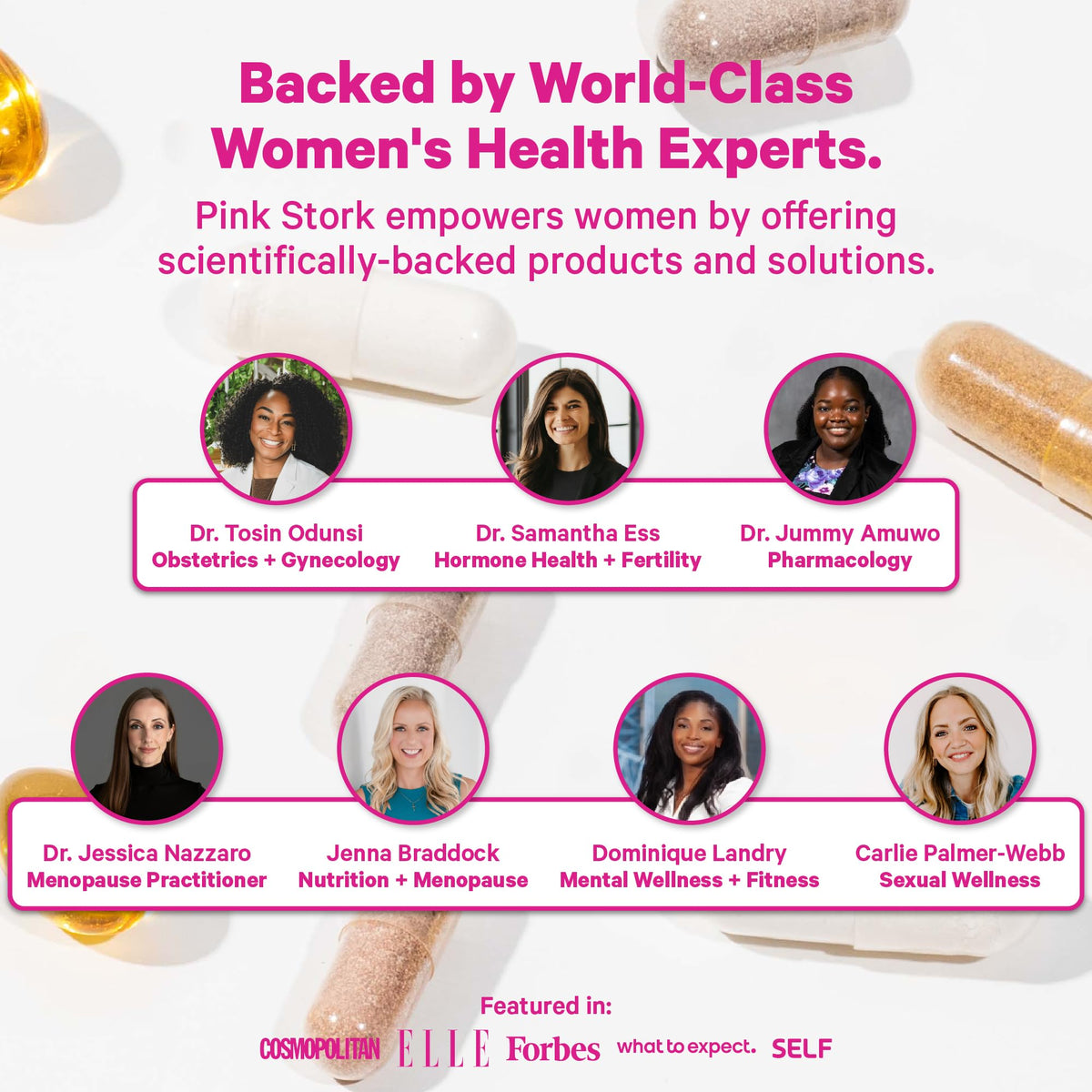 Flacon de Pink Stork Complément Alimentaire Prénatal sur une table en bois