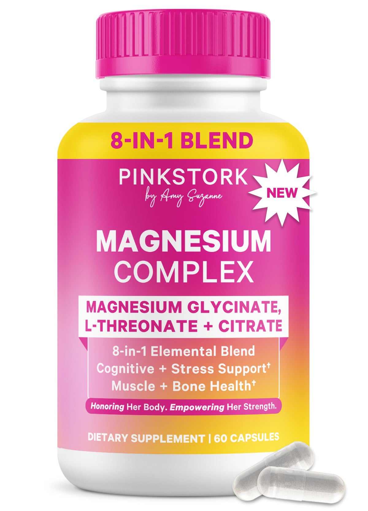 Flacon de Pink Stork Complexe de Magnésium pour Femmes, 60 capsules