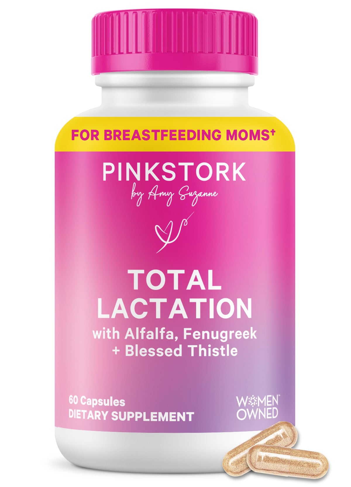 Flacon de Pink Stork Total Lactation 60 capsules vue de face.