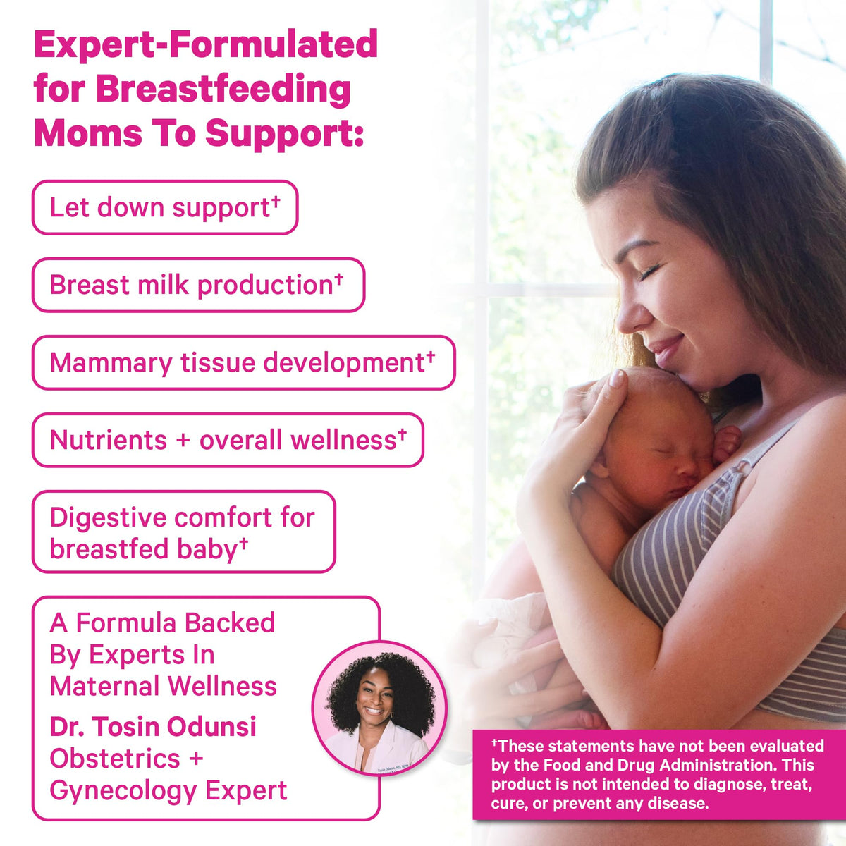 Flacon de Pink Stork Total Lactation avec dosage suggéré.