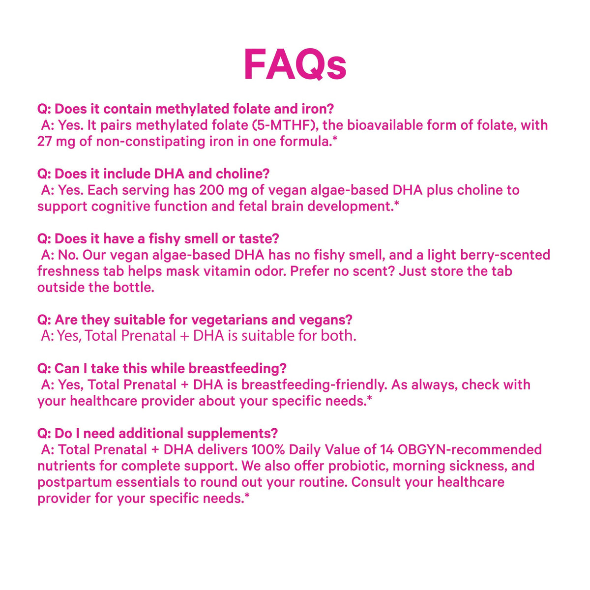 Flacon de Pink Stork Total Prenatal + DHA sur fond blanc