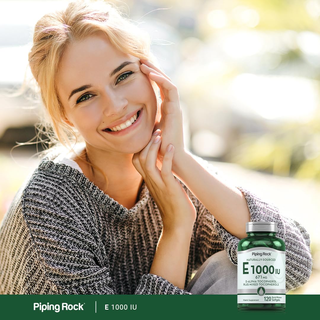 Flacon de Piping Rock Vitamine E 1000 UI sur une table
