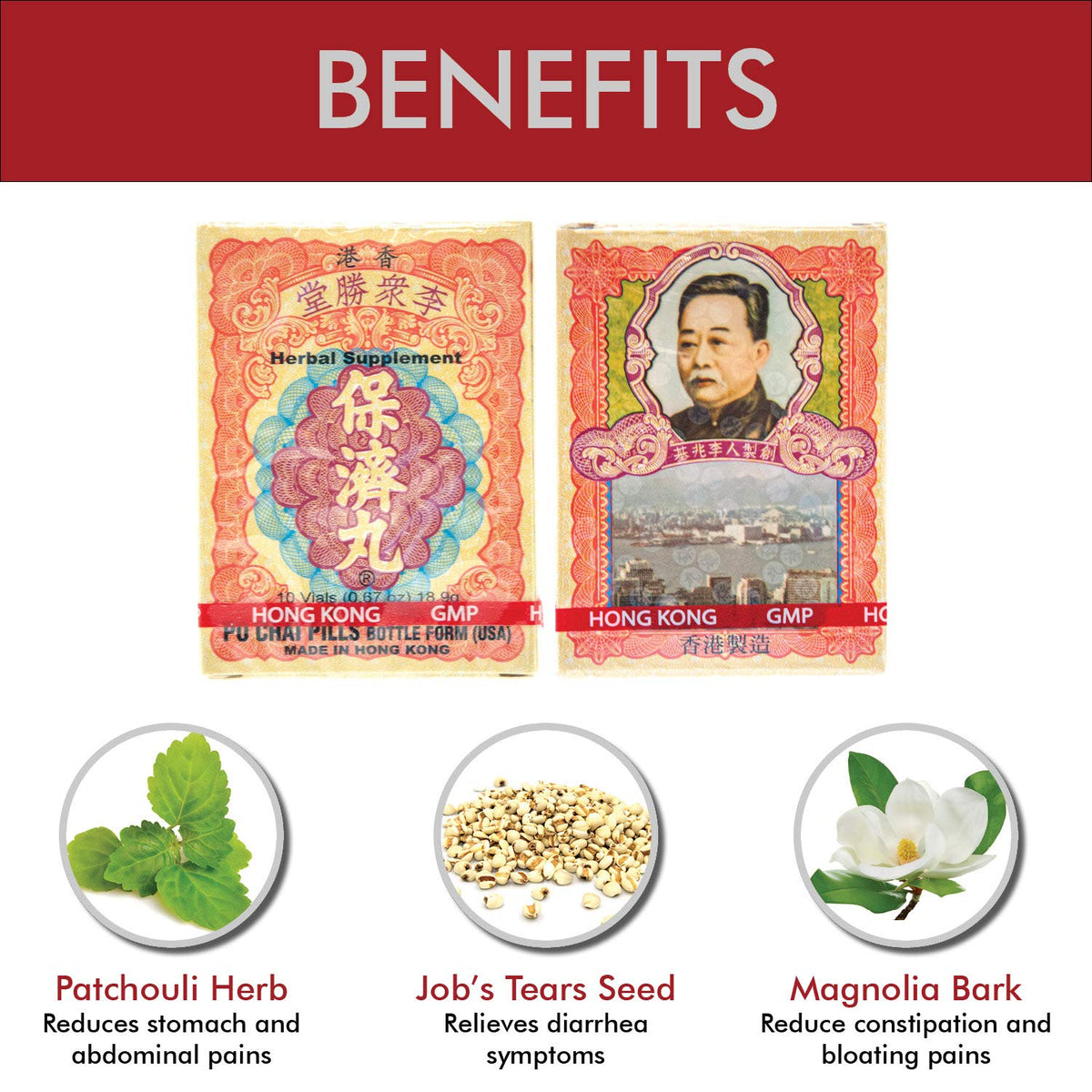 Flacon de Po Chai Pills Li Chung Shing Tong vu de face