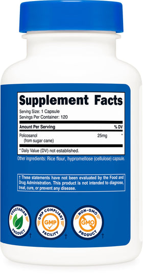 Flacon de Policosanol Nutricost ouvert montrant des capsules