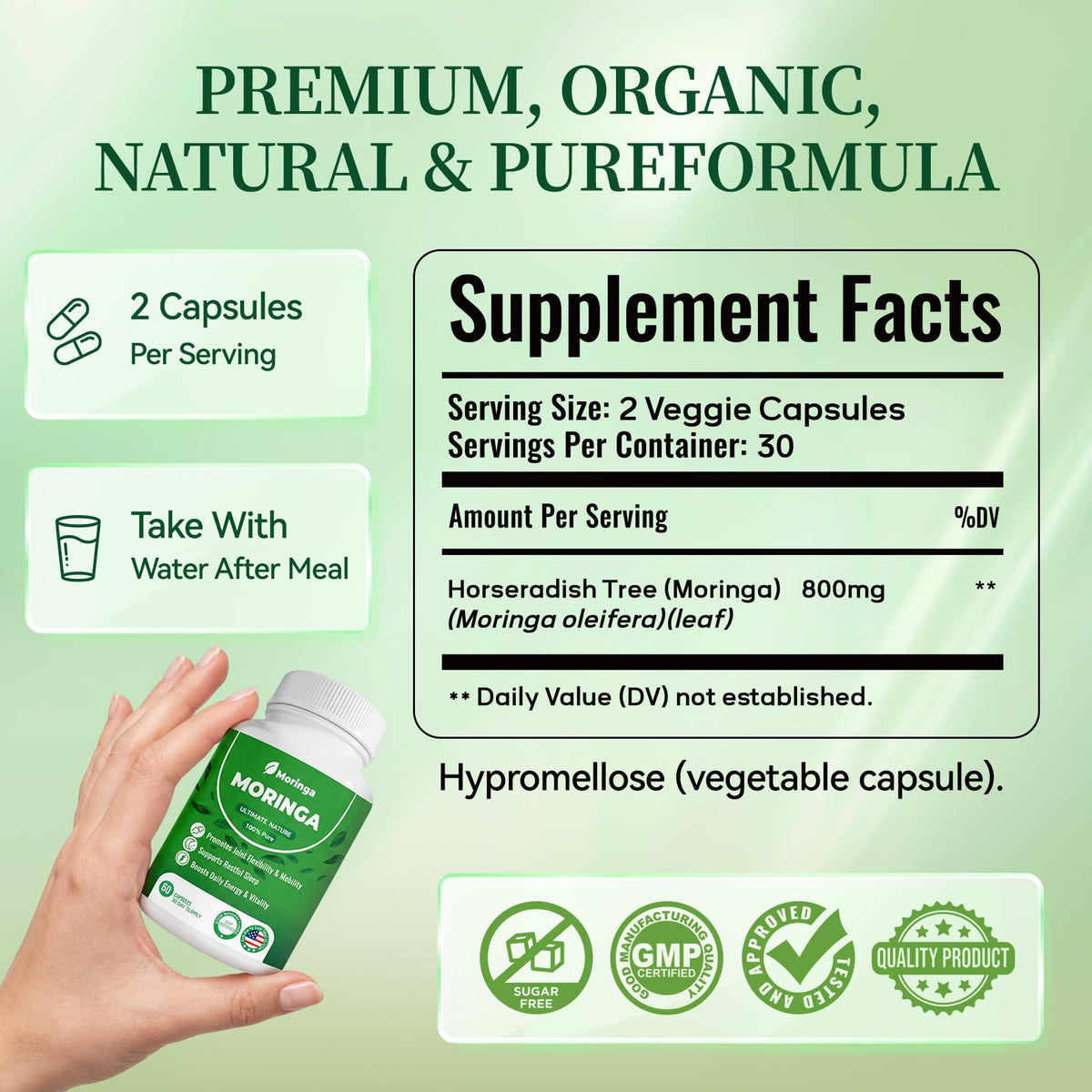 Flacon de Polvaritho Moringa Bio 800mg avec étiquette visible